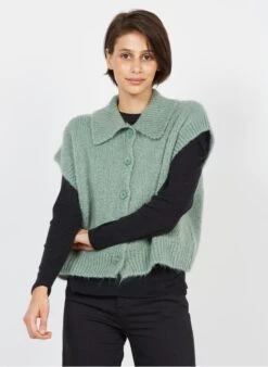 Please Gebreid Vest Met Klassieke Kraag Materiaalblend | Kaki