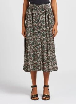 IRLANDE - Halflange, Soepelvallende Rok Met Bloemenprint | Zwart