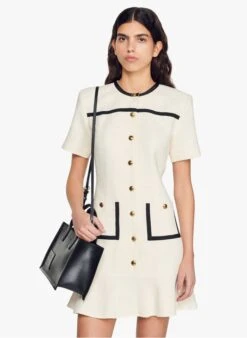 Sandro JAIPUR - Korte Jurk Met Ronde Hals Katoenblend | Wit