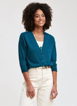 Kort, Gebreid Vest Met V-hals En Glanseffect | Blauw