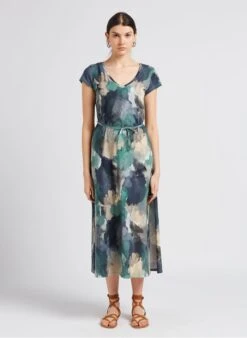 Lange Jurk Met V-hals En Abstract Motiefje | Kaki