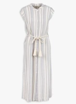 Lange, Gestreepte Jurk Met Ronde Hals | Beige