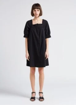 MAISON 123 GAMILA - Korte, Uitlopende, Katoenen Jurk Met Vierkante Hals | Zwart